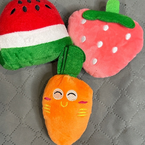 Vibrant Plush Dog Toy Set - Small to Medium Dog Watermelon, Strawberry, Carrot - Picture 2 of 4